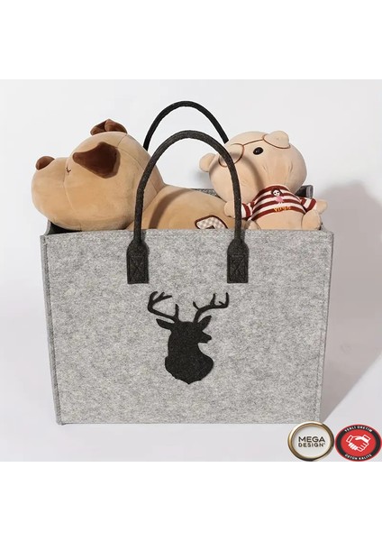 Geyik Figürlü Büyük Kapasiteli Şık Gri Keçe Çanta.