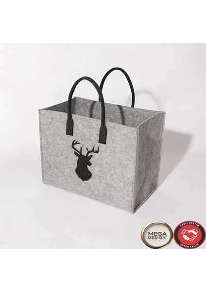 Geyik Figürlü Büyük Kapasiteli Şık Gri Keçe Çanta.