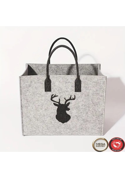 Geyik Figürlü Büyük Kapasiteli Şık Gri Keçe Çanta.