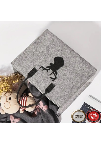 Geyik Figürlü Büyük Kapasiteli Şık Gri Keçe Çanta.