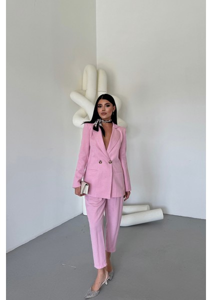Keten Ceket - Pantolon Takım - Pembe