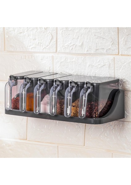 1182 6 Lı Standlı Kendinden Yapışkanlı Kapaklı Kaşıklı Baharatlık Takımı - Baharatlık - Antrasit