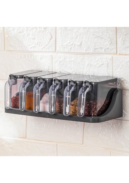 1182 6 Lı Standlı Kendinden Yapışkanlı Kapaklı Kaşıklı Baharatlık Takımı - Baharatlık - Antrasit fiyatları