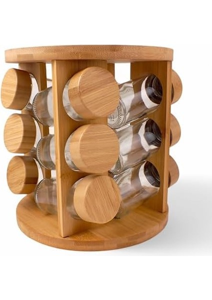 Bambu Döner Standlı Şık Baharat Seti 13 Parça, Mutfak Tezğahına Uygun Bambu Yer Kaplamayan Cam Şişe Dönerli Bambu Baharatlık, Bambu Baharat Takımı (Yuvarlak) modelleri