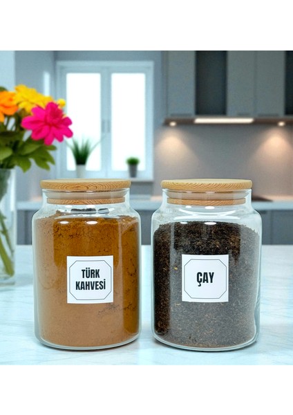 2'li Ahşap Vakum Kapaklı Cam Türk Kahvesi Çay Saklama Kavanozu Seti 800 ml Etiket Hediyeli