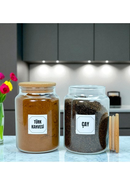 2'li Ahşap Vakum Kapaklı Cam Türk Kahvesi Çay Saklama Kavanozu Seti 800 ml Etiket Hediyeli fiyatları