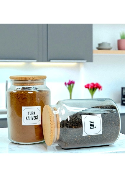 2'li Ahşap Vakum Kapaklı Cam Türk Kahvesi Çay Saklama Kavanozu Seti 800 ml Etiket Hediyeli modelleri