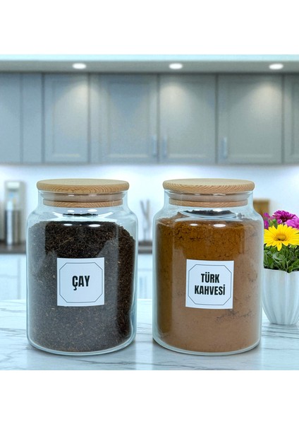 2'li Ahşap Vakum Kapaklı Cam Türk Kahvesi Çay Saklama Kavanozu Seti 800 ml Etiket Hediyeli indirimleri