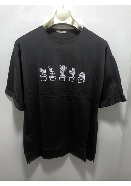 Önü Baskılı Oversize Kadın T-Shirt Bisiklet Yaka