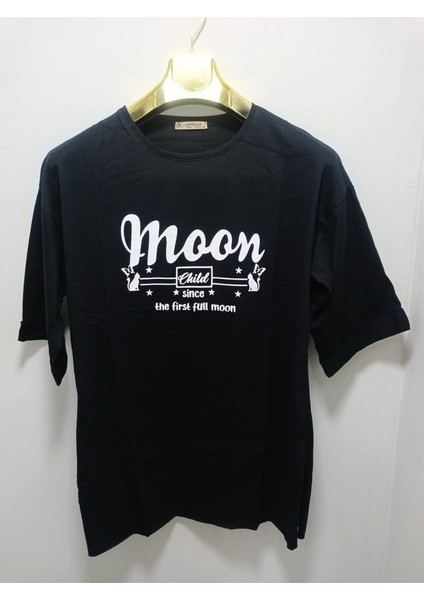 Önü Baskılı Oversize Kadın T-Shirt Bisiklet Yaka