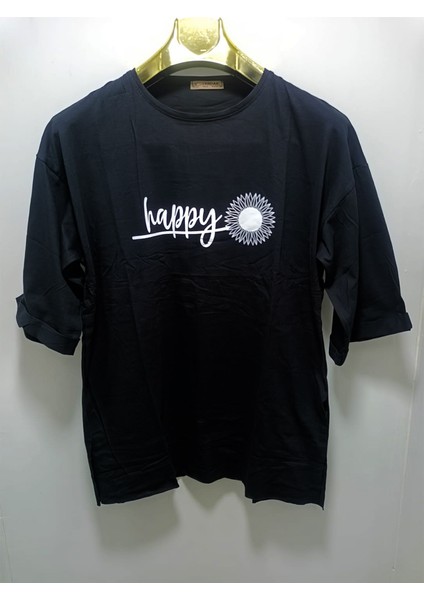 Önü Baskılı Oversize Kadın T-Shirt Bisiklet Yaka