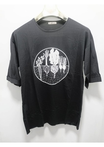 Önü Baskılı Oversize Kadın T-Shirt Bisiklet Yaka