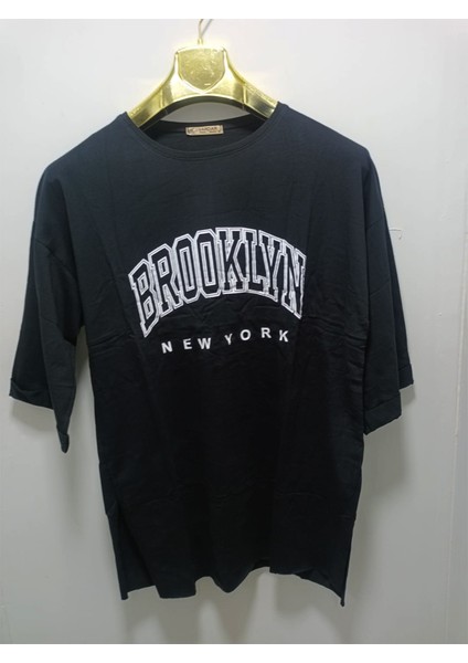 Önü Baskılı Oversize Kadın T-Shirt Bisiklet Yaka