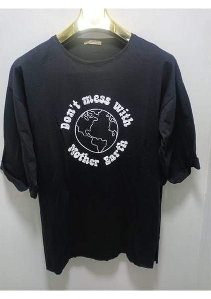 Önü Baskılı Oversize Kadın T-Shirt Bisiklet Yaka