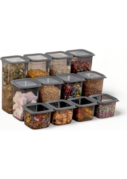 12'li 3 Boy Set Sızdırmaz Kapaklı Kare Erzak Saklama Kabı 650ML - 1300ML - 1900ML Kare Erzak Saklama Kabı Antrasit