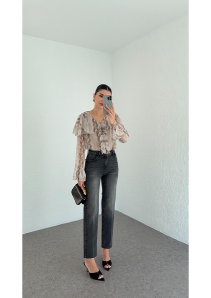 Yüksek Bel Yıkamalı Antrasit Momfit Jean