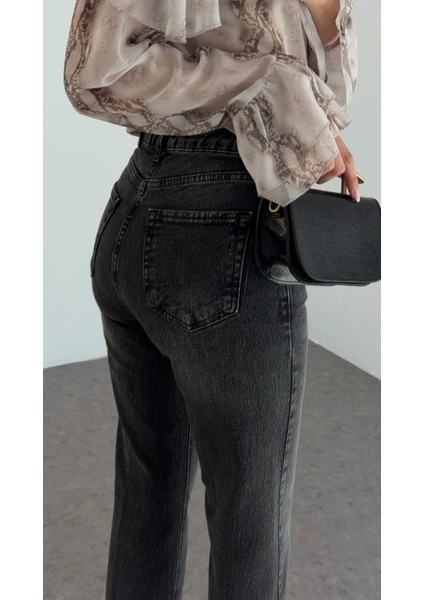 Yüksek Bel Yıkamalı Antrasit Momfit Jean fiyatları