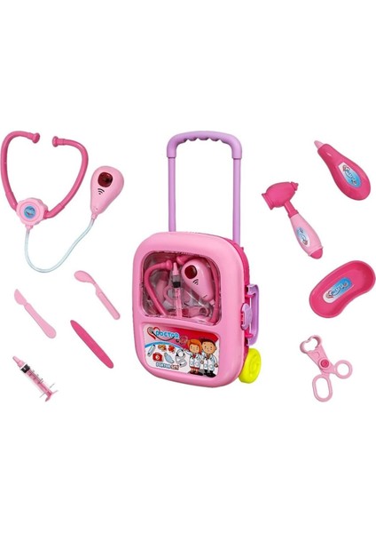 Çek-Çek Valizli Büyük Boy 10 Parça Işıklı-Sesli Medikal Doktor Seti 2in1 - Doktor Oyun Seti Pembe