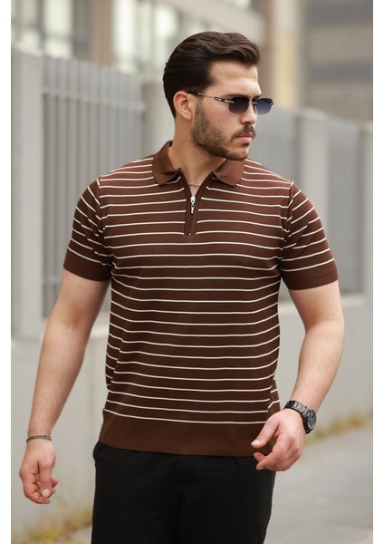 Erkek Fermuar Yakalı Çizgili Kısa Kollu T-Shirt