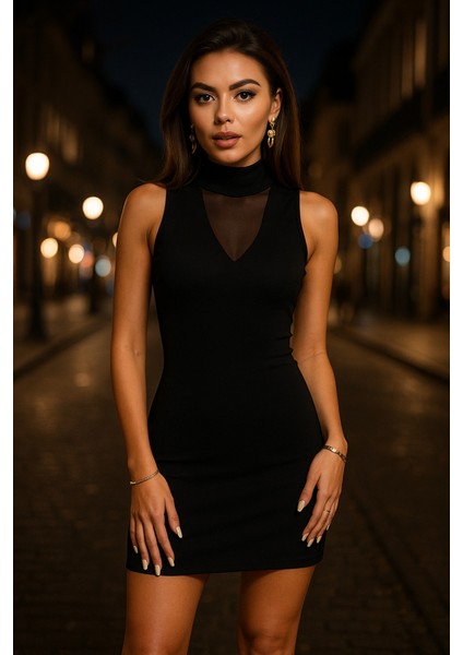 Kadın Balıkçı Yaka Tül Detay Kolsuz Mini Elbise