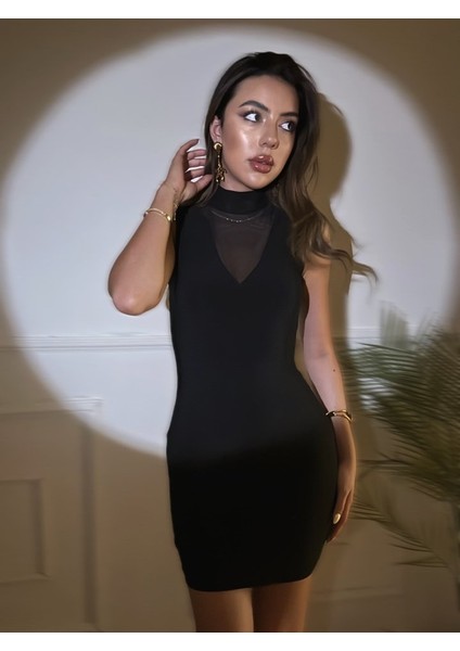 Kadın Balıkçı Yaka Tül Detay Kolsuz Mini Elbise modelleri