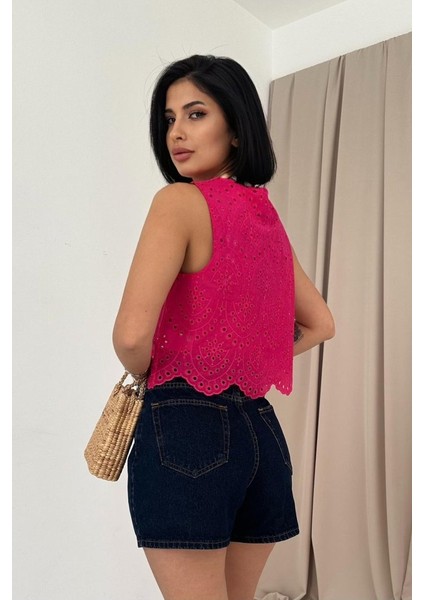 Fuşya Sıfır Kol Brode Bluz modelleri