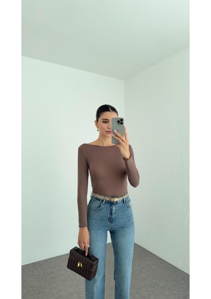 Kayık Yaka Transparan Modal Vizon Basic Bluz