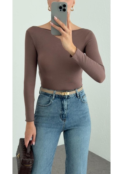 Kayık Yaka Transparan Modal Vizon Basic Bluz modelleri