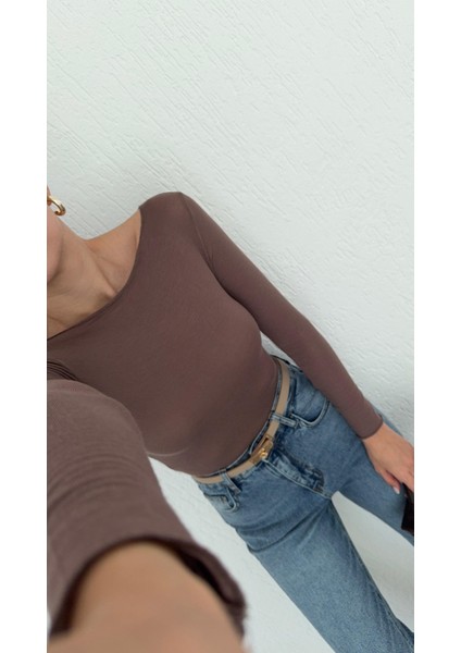 Kayık Yaka Transparan Modal Vizon Basic Bluz indirimleri