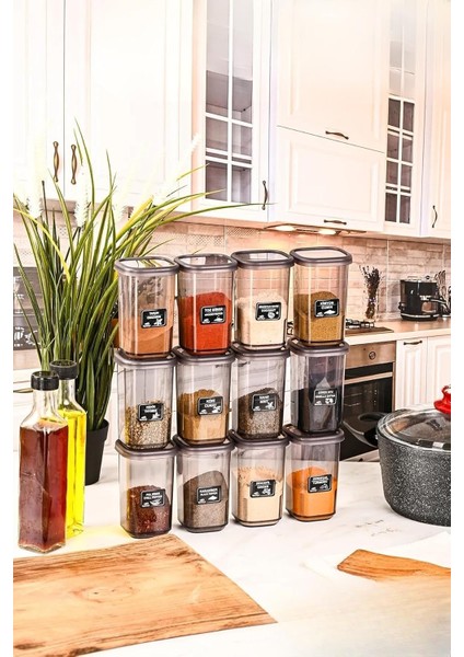 Life 12 Adet 450 ml Sızdırmaz Kapak Antrasit Baharatlık Saklama Kabı I Etiket Hediyeli MIT1135