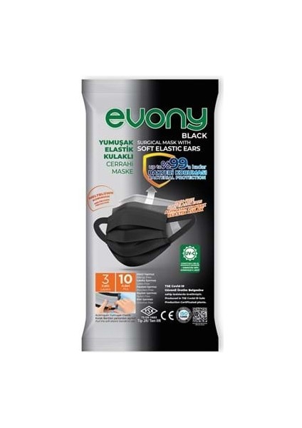 Evony 3 Katlı Telli Yumuşak Elastik Kulaklı Maske 10'lu Siyah