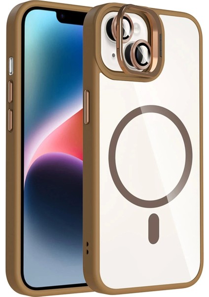 Apple iPhone 15 Plus Remim Lensli Magsafe Standlı Kapak - Kahverengi