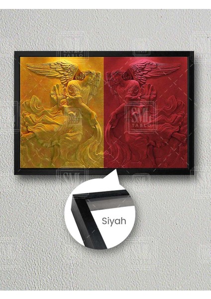 Mermer Melekler Sarı Kırmızı Galatasaray Kanat Çerçeveli Yatay Kanvas Tablo