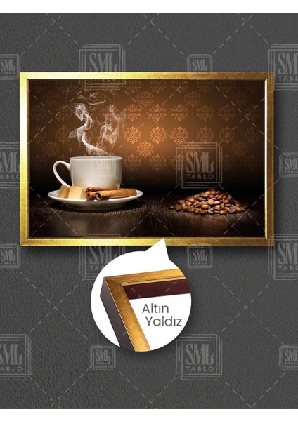 Dumanı Tüten Kahve Tarçın ve Kahve Çekirdekleri Mutfak Dekor Yatay Kanvas Tablo
