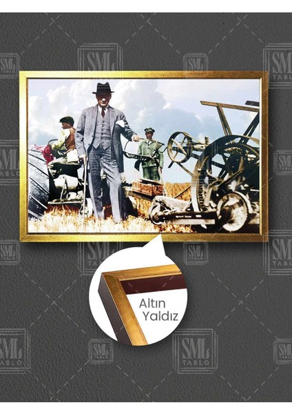 Mustafa Kemal Atatürk ve Cumhuriyet Dönemi Tarım Çiftçilik Çerçeveli Yatay Kanvas Tablo