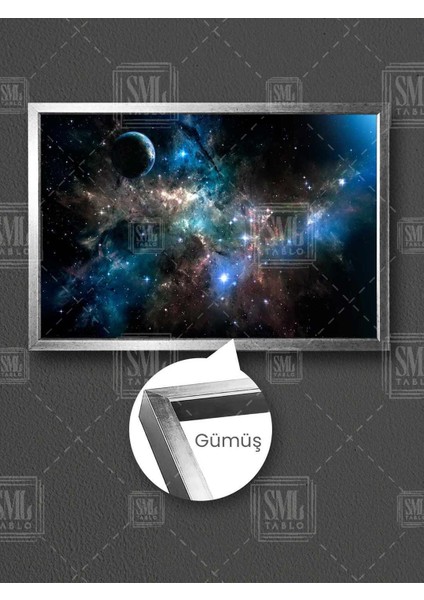 Gezegenler Uzay Yıldızlar Cosmos Kozmoz Astronot Dünya Çerçeveli Yatay Kanvas Tablo