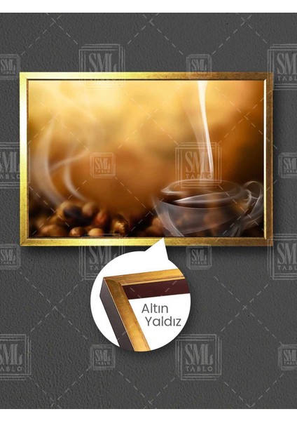 Sıcak Kahve Dumanından Kahve Bardağı Coffee Restaurant Mutfak Dekor Çerçeveli Yatay Kanvas Tablo