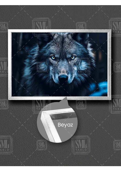 Mavi Gözlü Bozkurt Sibirya Kurdu Vahşi Mavi Gri Çerçeveli Kurt Yatay Kanvas Tablo