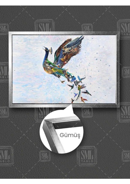 Kanatlarının Içinde Yavru Kuşları Taşıyan Anka Kuşu Simurg Çerçeveli Yatay Kanvas Tablo
