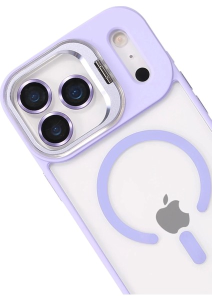Apple iPhone 17 Pro Max Remim Lensli Magsafe Standlı Kapak - Lila modelleri