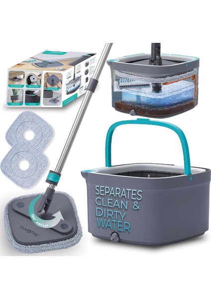 & Tidy True Clean Paspas ve Kova Sistemi, Kare Döndürmeli Paspas, Çift Bölmeli Paspas Kovası ve 2 Kalın Makinede Yıkanabilir Paspas Pedleri (Spin Mop) Içerir