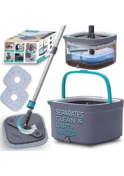 & Tidy True Clean Paspas ve Kova Sistemi, Kare Döndürmeli Paspas, Çift Bölmeli Paspas Kovası ve 2 Kalın Makinede Yıkanabilir Paspas Pedleri (Spin Mop) Içerir modelleri