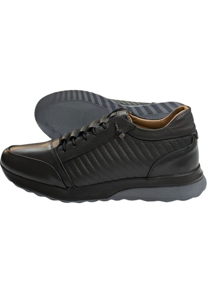 Siyah Deri Erkek Spor Ayakkabı-Lastikli Siyah Spor Ayakkabı