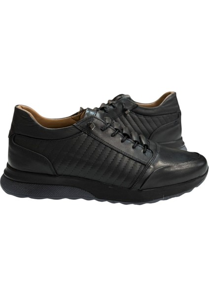 Siyah Deri Erkek Spor Ayakkabı-Lastikli Siyah Spor Ayakkabı