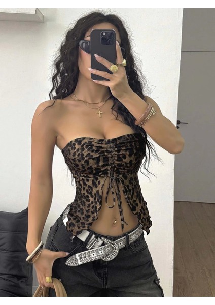 Kadın Leopar Desenli Crop Önden Büzgü Detaylı 5096