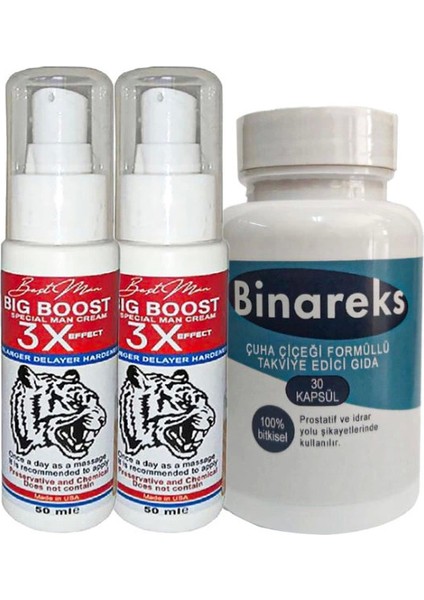 2 Adet 50 ml Bigboost Erkek 3xeffect Canlandirici Krem + Yanında 1 Kutu 30LU Binareks Erkek Pırostat