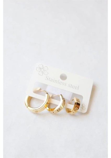 3'lü Taşsız Çelik Halka Küpe - Altın