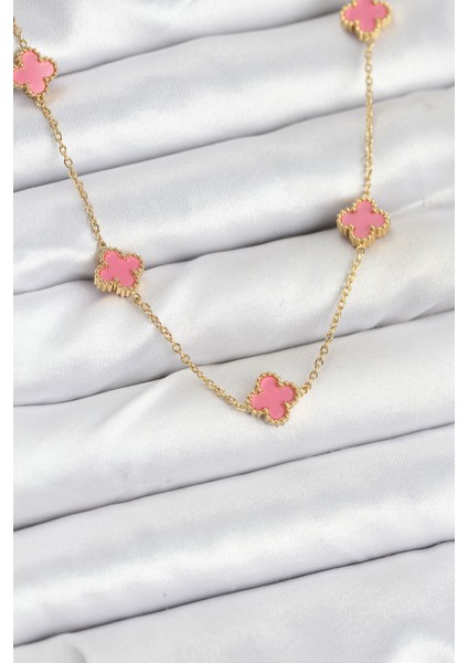 Erb 316L Çelik Zincir Gold Renk Pembe Baby Boy Yonca Kadın Kolye