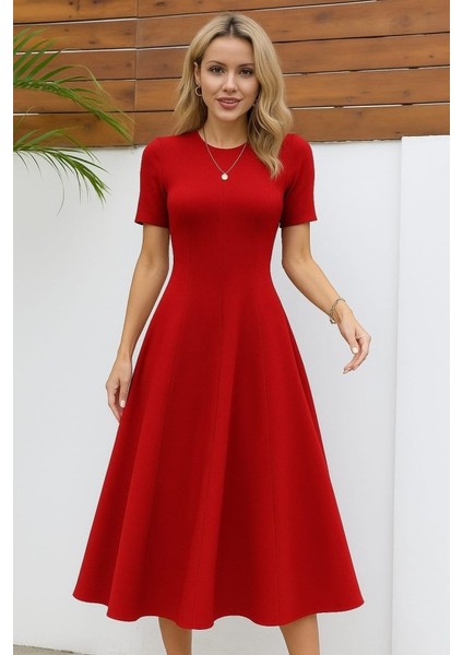 Kadın Kısa Kollu Bisiklet Yaka Maksi Boy Ithal Krep Elbise