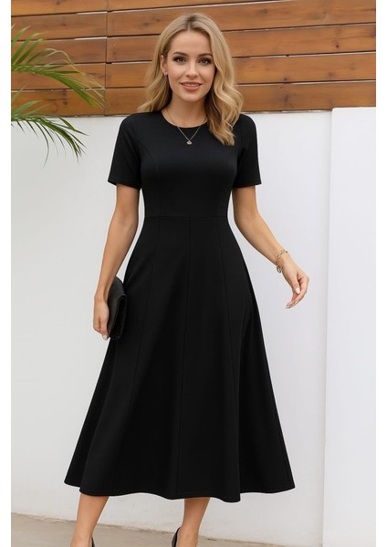 Eyesof Kadın Kısa Kollu Bisiklet Yaka Maksi Boy Ithal Krep Elbise